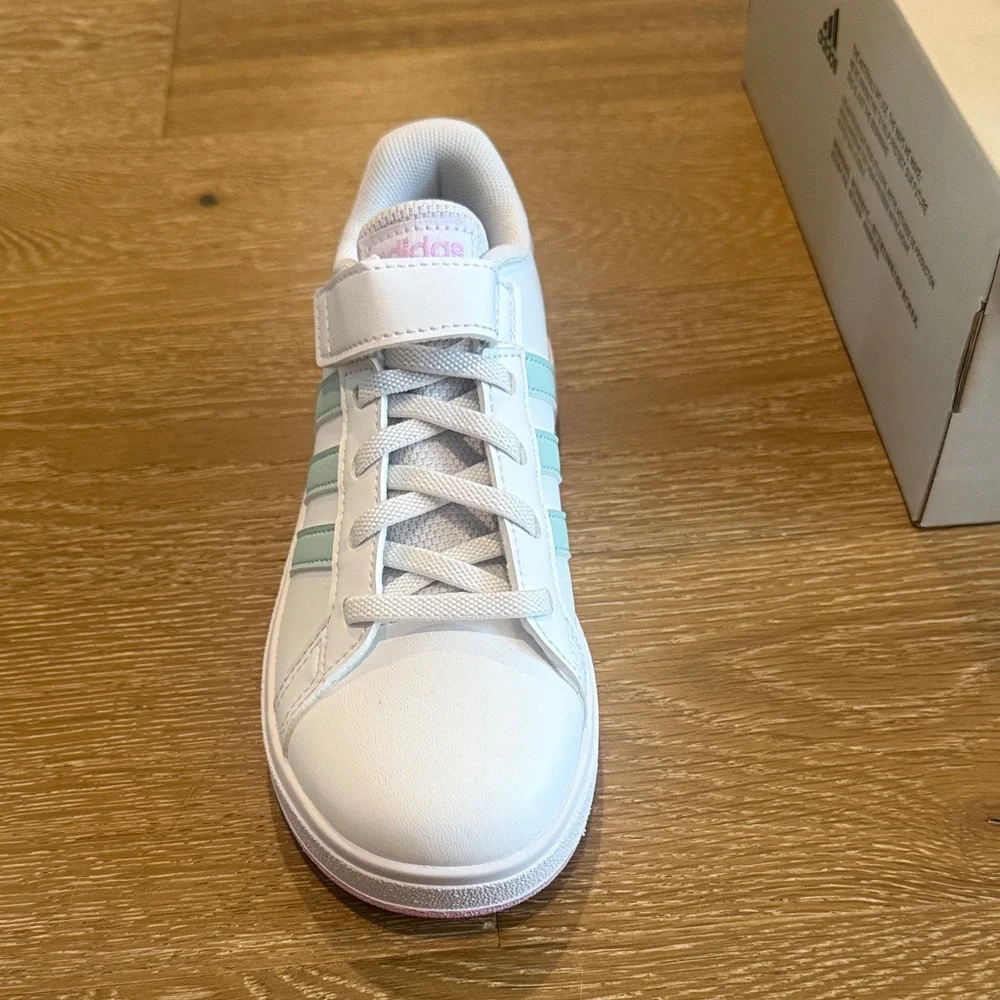 Adidas Kids White Sneakers with Mint Stripes
